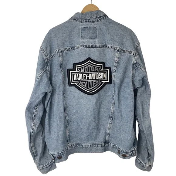 Vintage Levi’s Denim Jacket Harley Davidson Patch Size Large Trucker Streetwear - Picture 1 of 12